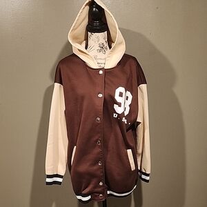 Brown and Cream Varsity Jacket with Hood